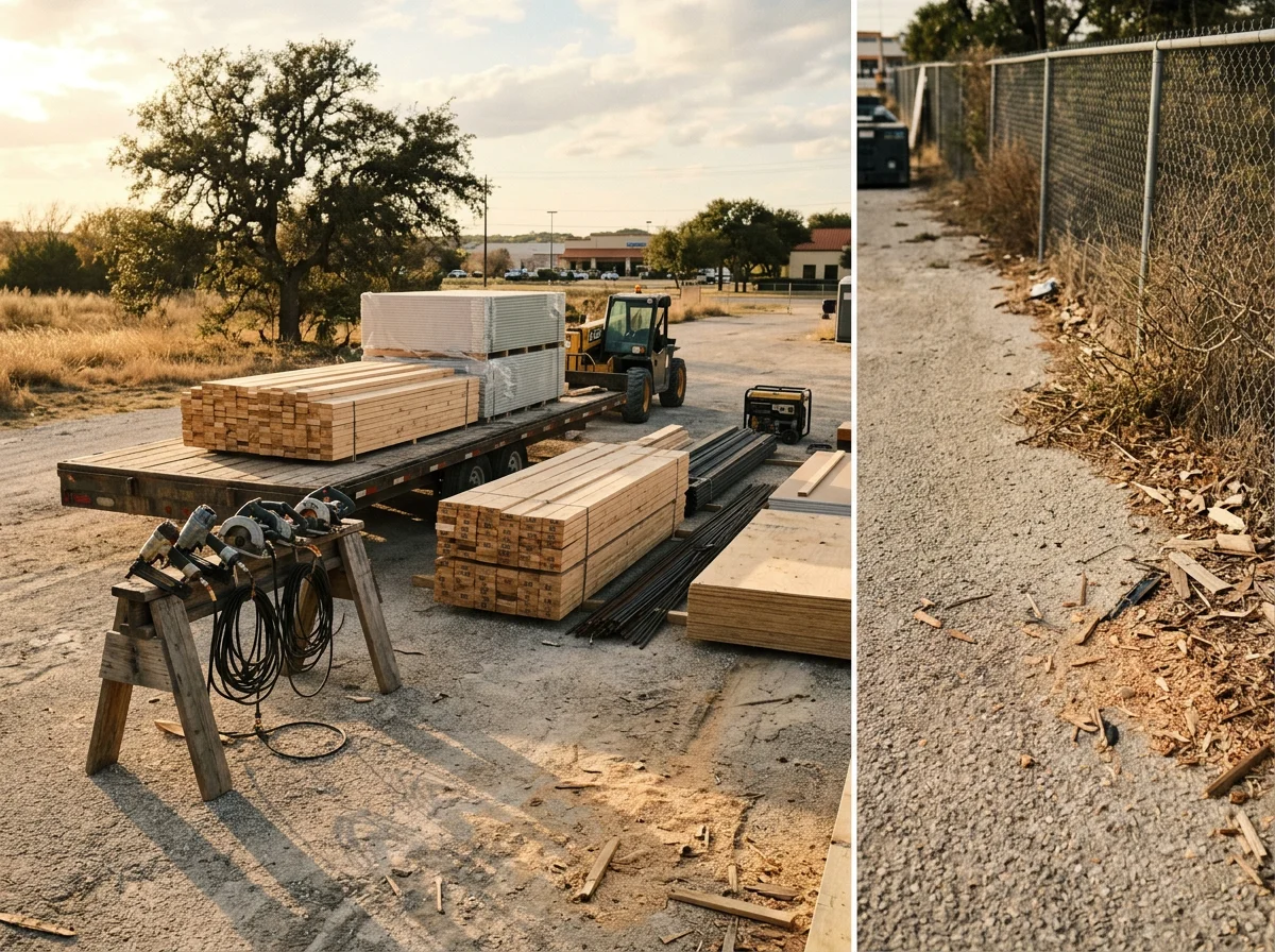 Environmental photo of construction tools and materials on a job site, showing the trade equipment used for residential and commercial building projects. No people are visible in this image.