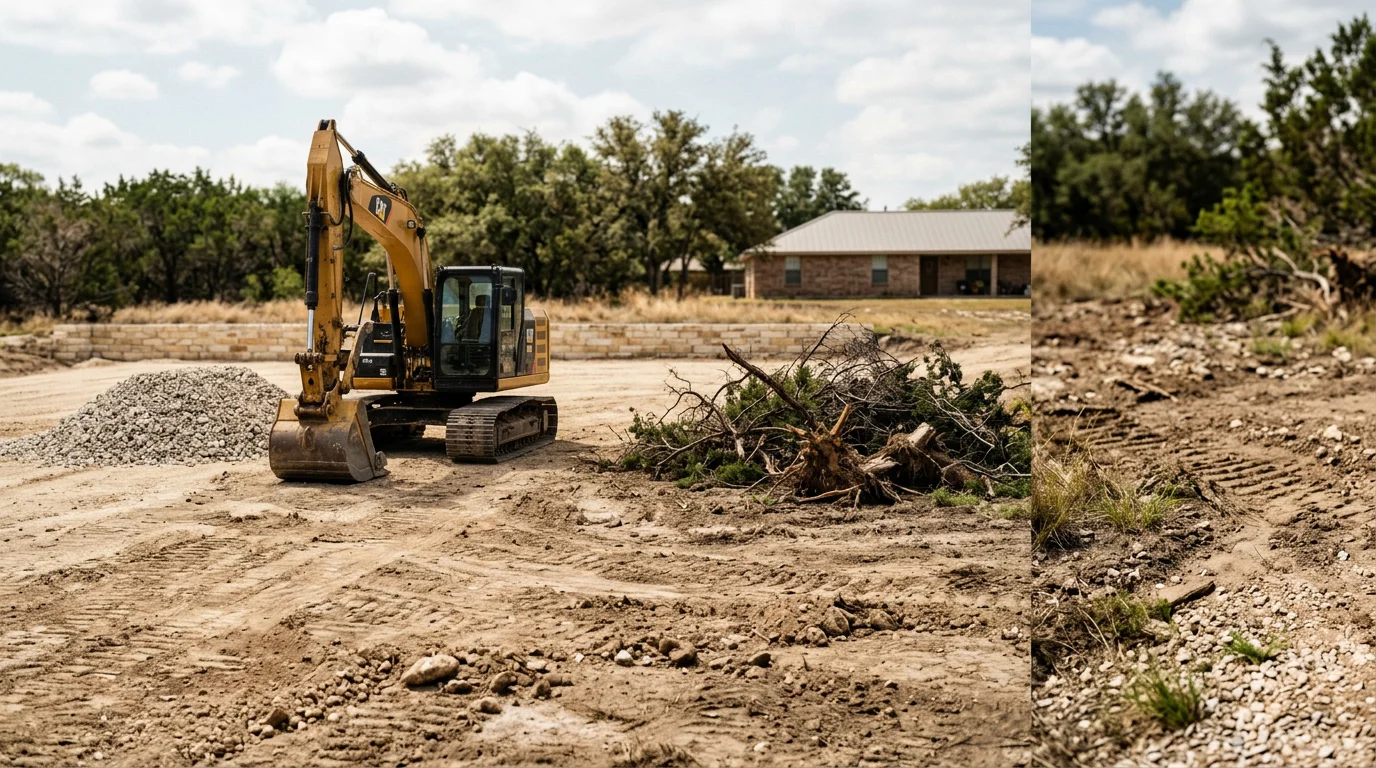 Excavator working on a cleared Central Texas construction site with graded dirt in the foreground.