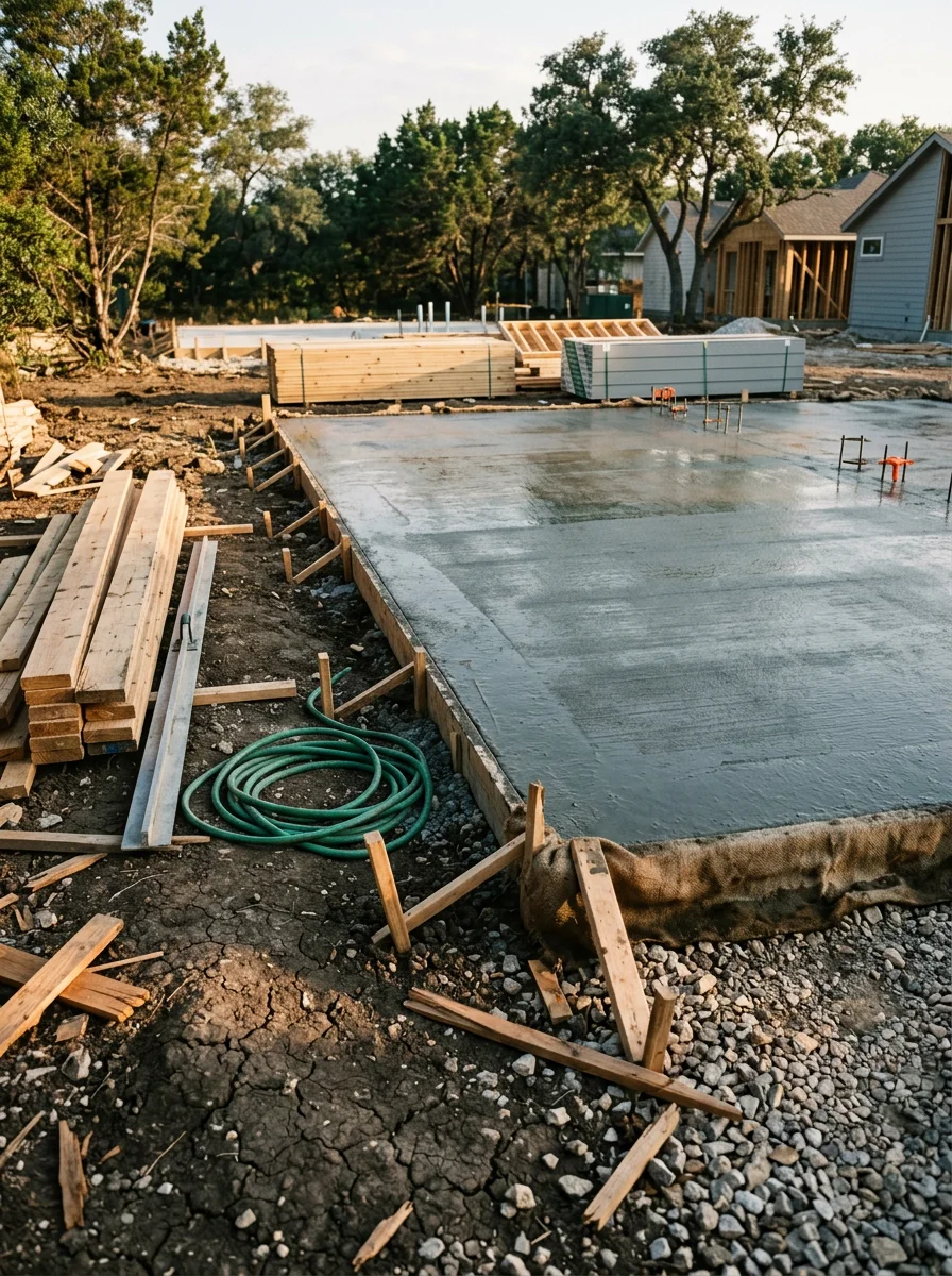 Concrete foundation slab being poured on a residential build site in East Austin with expansive clay soil visible at the slab edge.