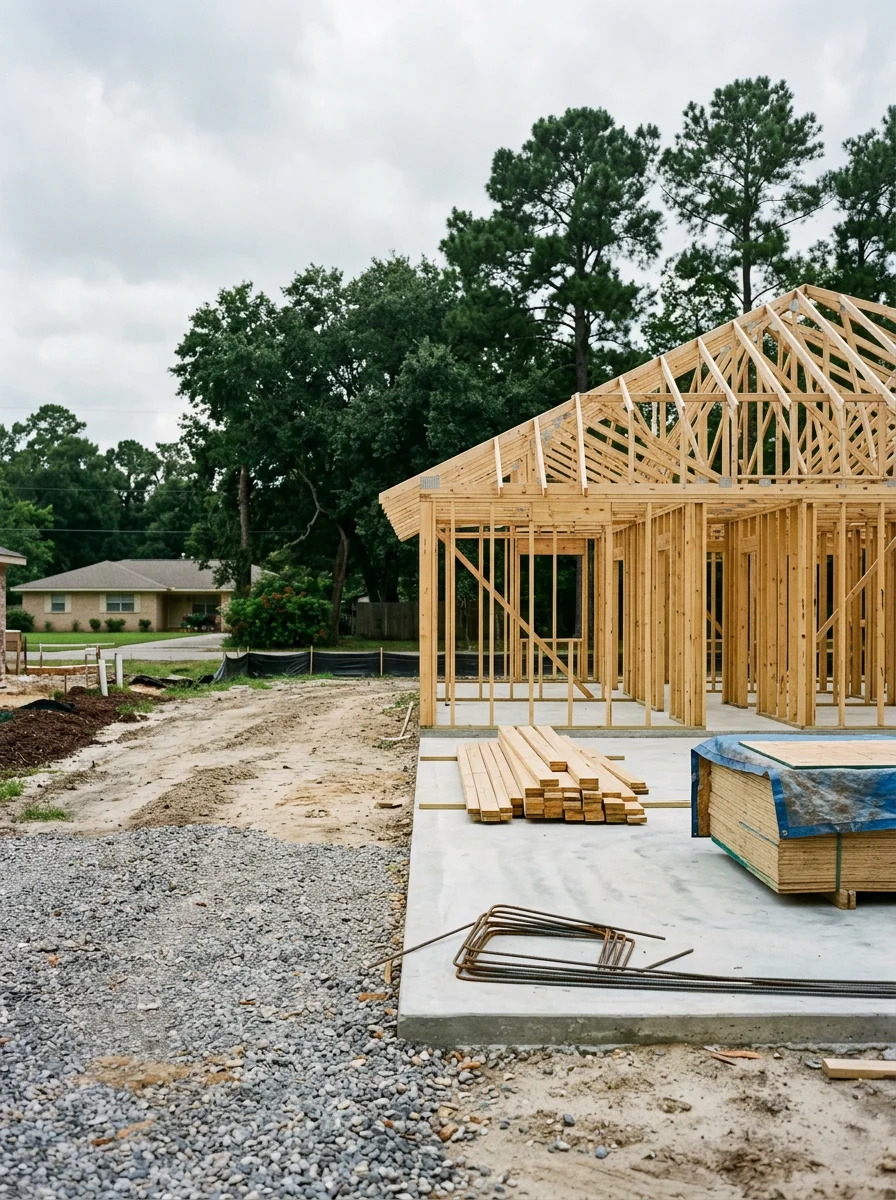 New custom home under construction on a cleared residential lot in the Golden Triangle area of Southeast Texas, with wood framing and roof trusses set above a poured slab foundation.