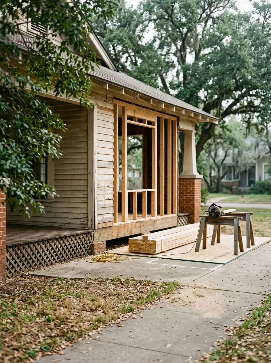 Home renovation in progress on a 1950s craftsman-style house in a Bryan historic neighborhood, with new framing visible inside an open exterior wall.