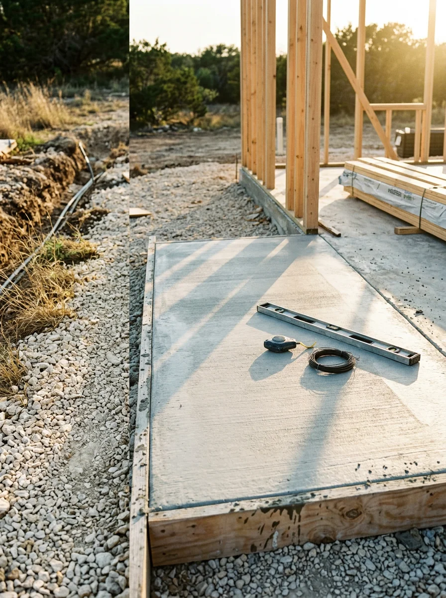 Freshly poured concrete foundation slab on a residential build site in Central Texas with wood framing beginning to rise.