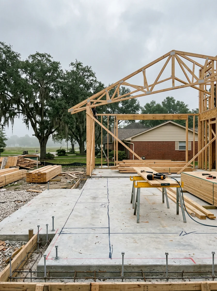 Custom home framing in progress on a residential lot in a Houston suburb, with a poured concrete slab foundation and open-span roof trusses being set.