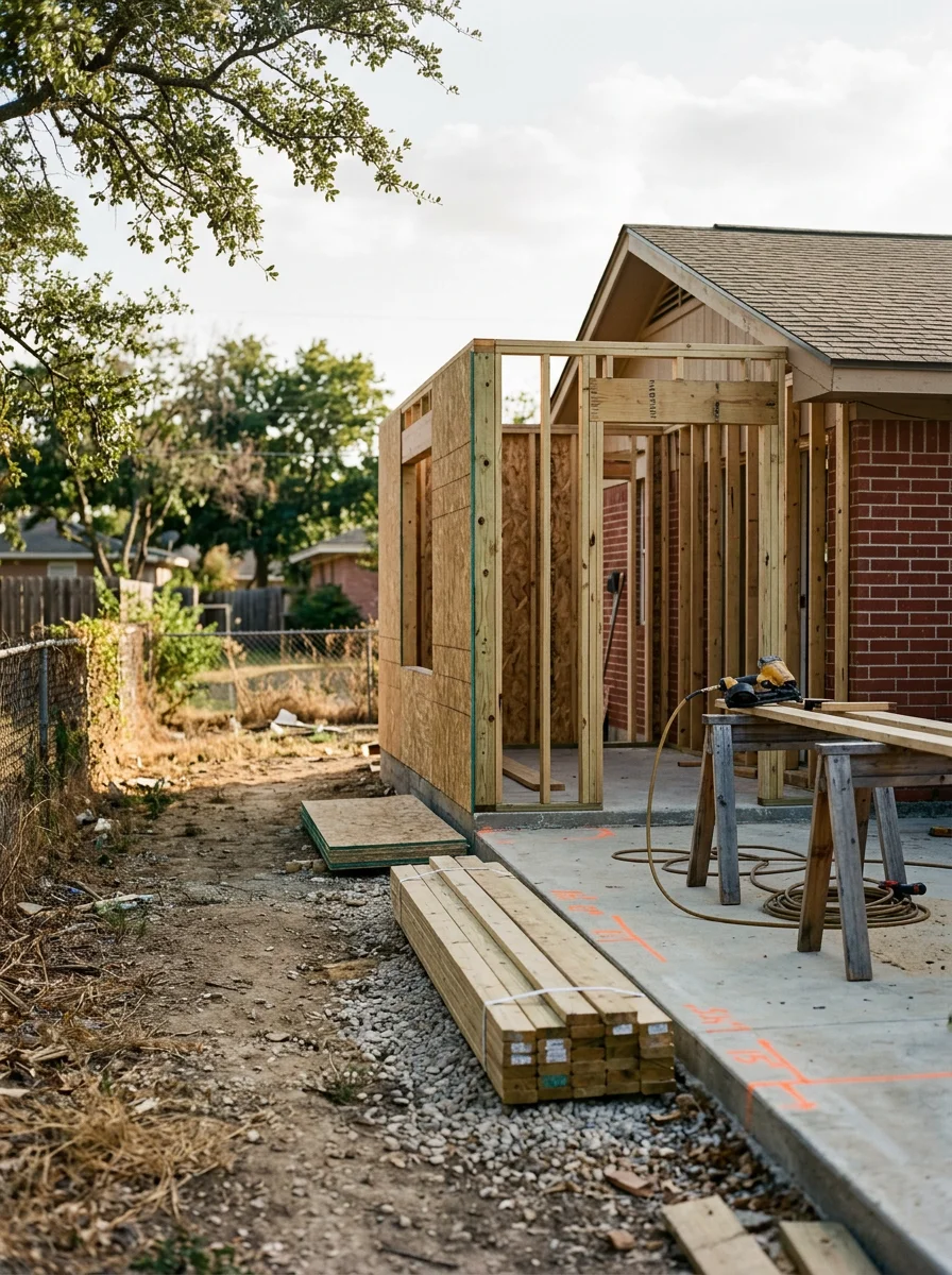 Home addition framing in progress on a single-story brick house in a Killeen neighborhood, with new exterior walls extending from the existing structure.