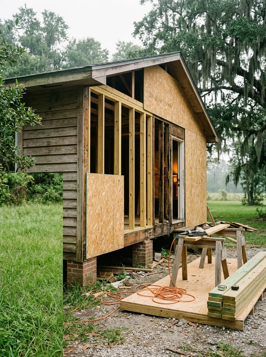 Home renovation in progress on a storm-damaged house in Southeast Texas, with new framing and exterior sheathing replacing flood-damaged structural components.