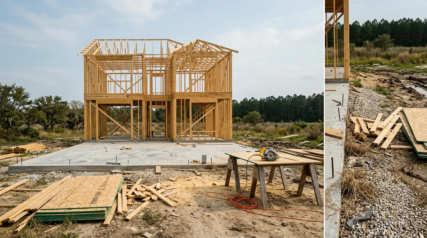 New custom home under construction on a Southeast Texas residential lot, with wood framing rising above a concrete slab foundation and flat Gulf Coast terrain visible in the background.