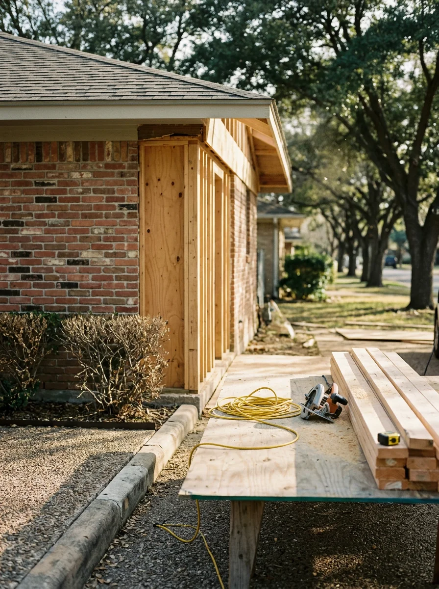 Home renovation in progress on a 1950s brick house in a Waco residential neighborhood, with new framing visible through an open exterior wall.