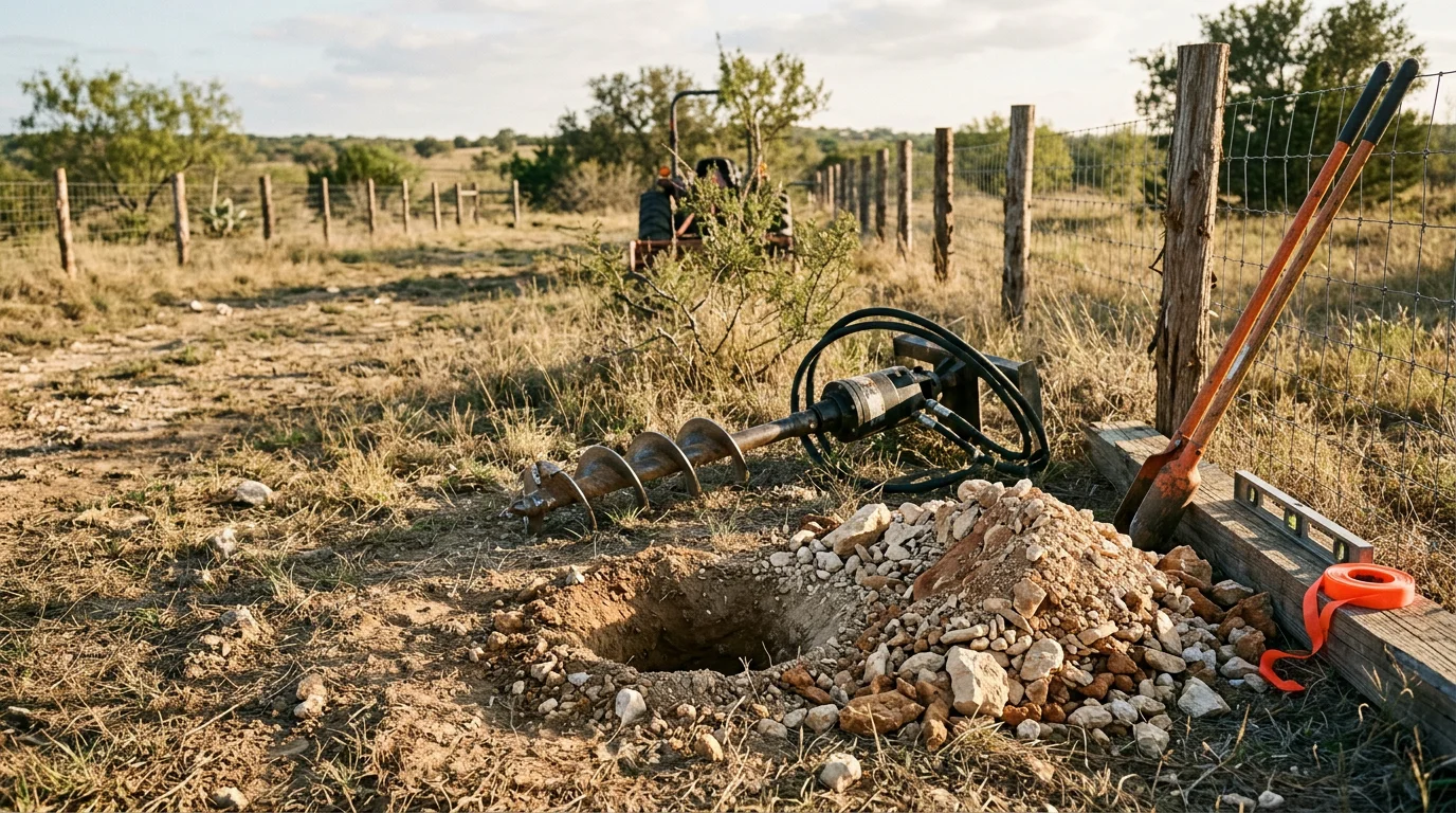 An auger drill boring a clean vertical hole into clay-heavy Central Texas soil at a residential construction site. Fence posts and open ground are visible in the background.