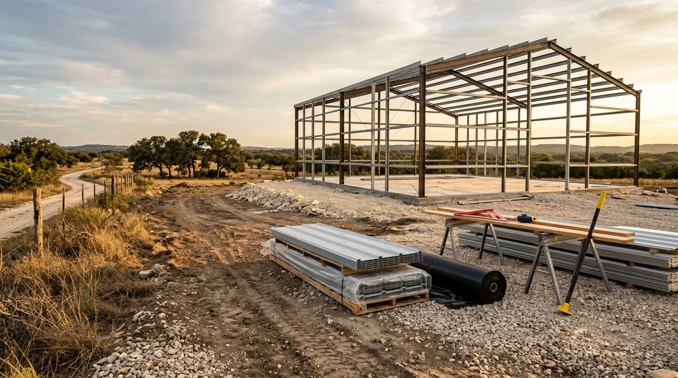 A finished barndominium home on a rural Central Texas property, featuring a metal roof, covered front porch, and open acreage. The structure shows a combined living and garage layout typical of custom barndominium builds in the region.