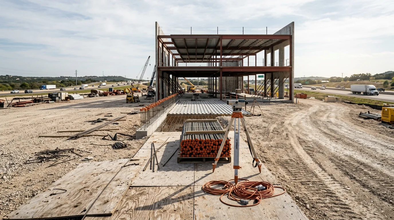 A completed commercial building exterior in Central Texas, showing a finished ground-up construction project with a parking area and storefront facade. The structure reflects typical commercial build quality suited to the Central Texas and Southeast Texas markets.