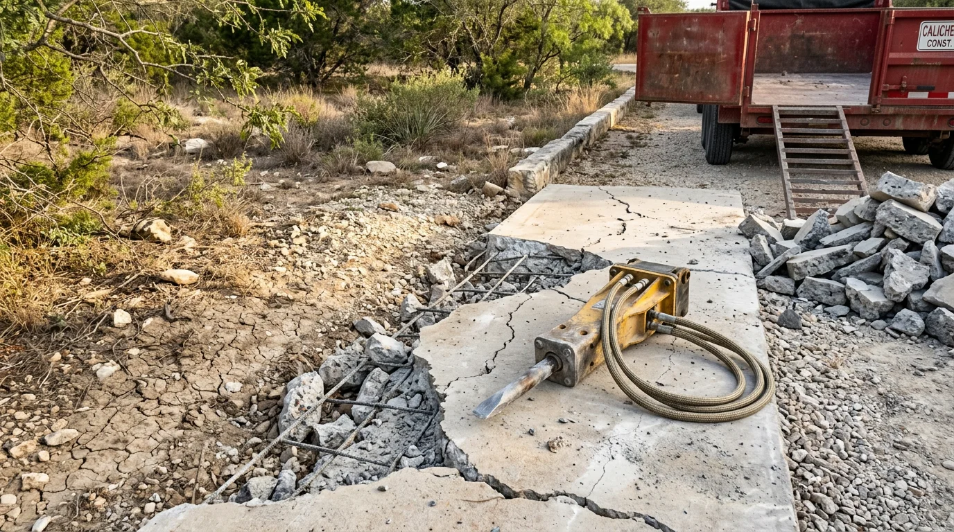 A broken concrete slab being loaded into a haul truck on a Central Texas residential property. Chunks of demolished driveway concrete are piled near excavation equipment on a cleared job site.