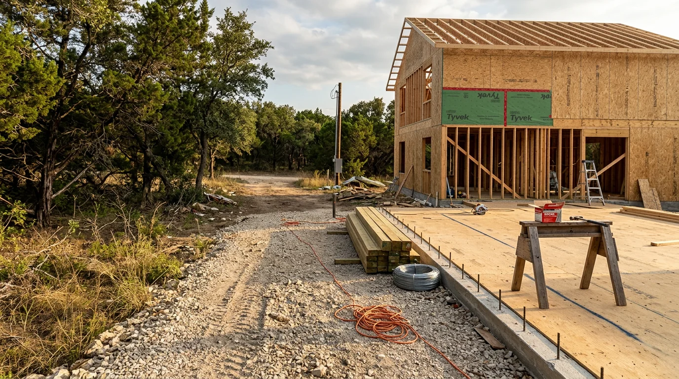 A newly completed custom home on a rural Central Texas lot, showing a stone and board-formed exterior with a covered front porch and open land surrounding the property. The home sits on a cleared homesite with Hill Country terrain visible in the background.