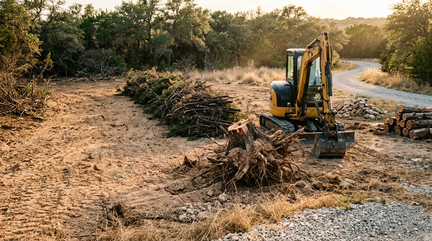 A cleared Central Texas property with debris, stumps, and brush fully removed, leaving bare ground ready for construction or land use. Heavy equipment sits nearby after completing a debris removal job on a rural site.