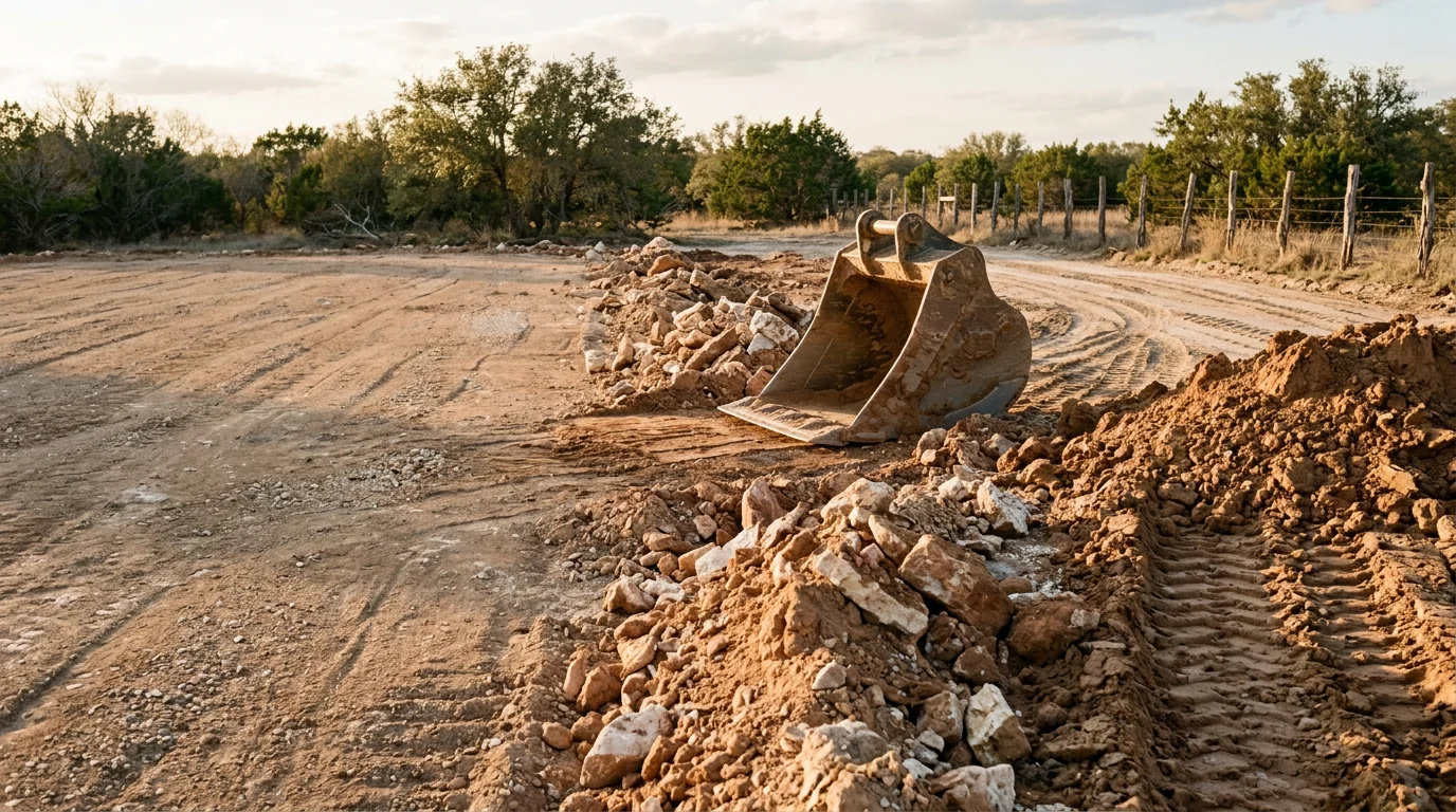 A cleared residential lot in Central Texas with excavated soil loaded into a haul truck, leaving a flat and open building surface. An excavating contractor operates equipment on a clay and caliche soil site prepared for construction.