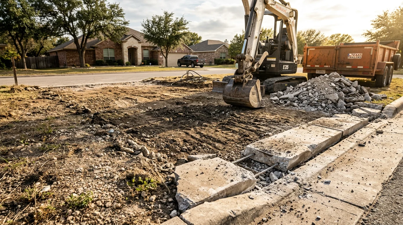 A residential property in Central Texas with an old concrete driveway broken into sections and loaded for removal by an excavating contractor. The cleared subgrade is visible and graded level, ready for a new surface.