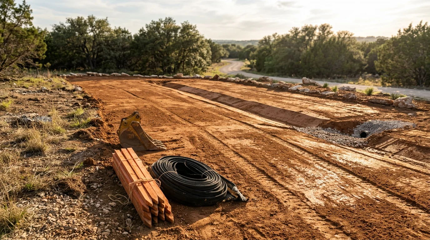 An excavator grading a cleared building site in Central Texas, with freshly cut clay soil leveled and sloped away from the future foundation pad. The surrounding terrain shows typical Central Texas open land under a wide sky.