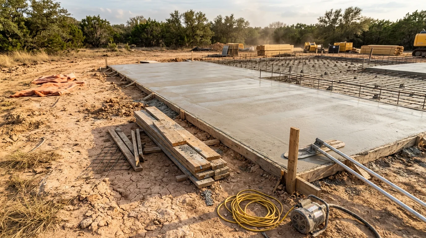 A freshly poured concrete monolithic slab foundation on a Central Texas residential construction site, with visible grade beams and a smooth troweled surface ready for framing.