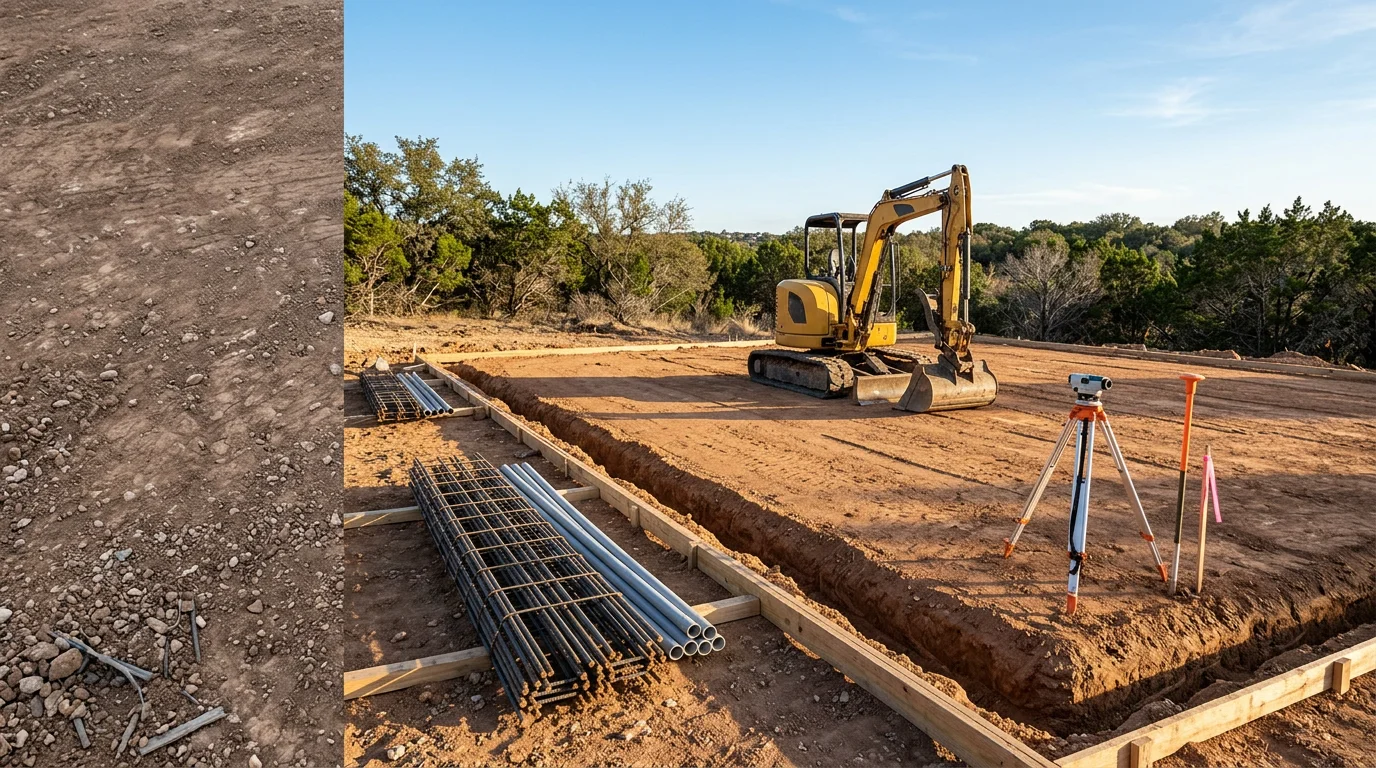 Excavated foundation trench on a Central Texas residential build site, showing graded clay soil prepared for concrete forming. Heavy equipment sits alongside the open excavation on a clear day.