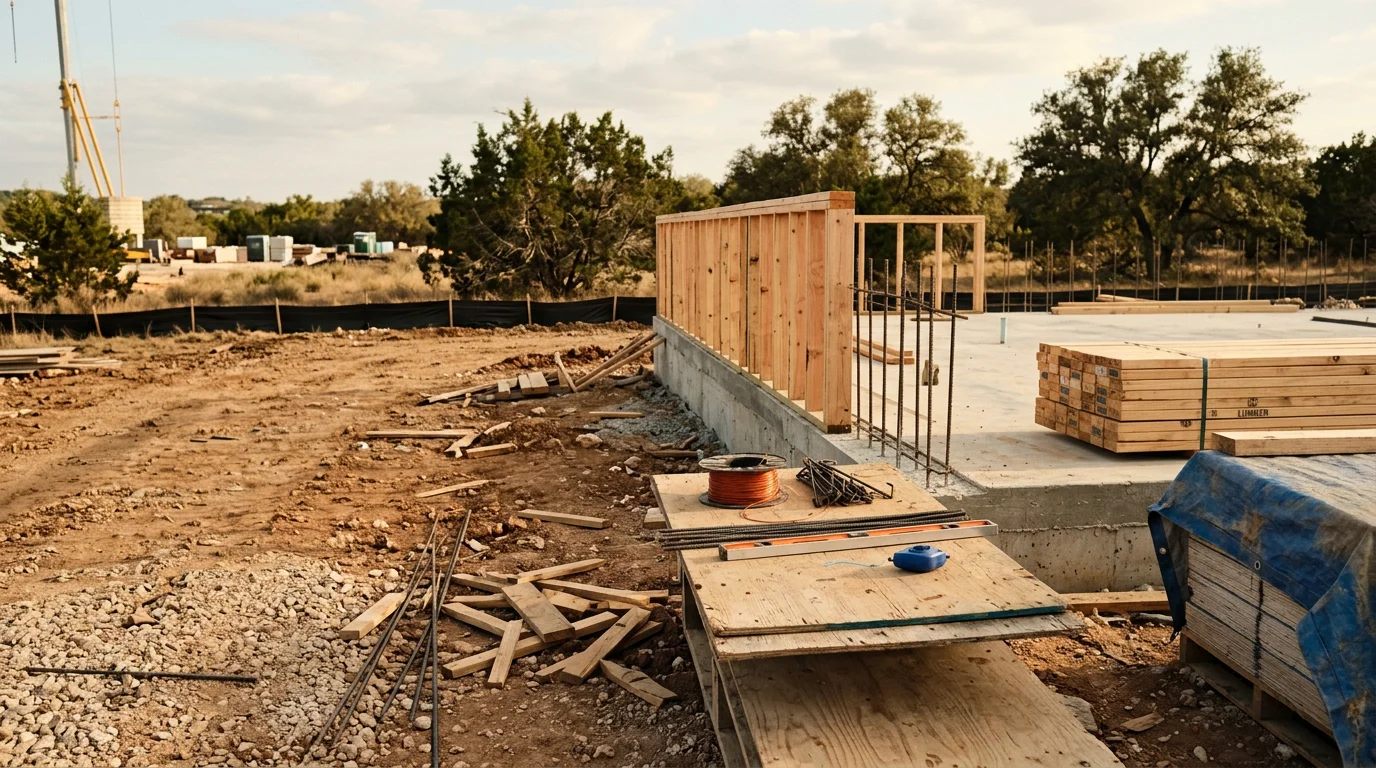 A general building construction project underway in Central Texas, showing structural framing and an active job site with clear skies and flat terrain typical of the region.