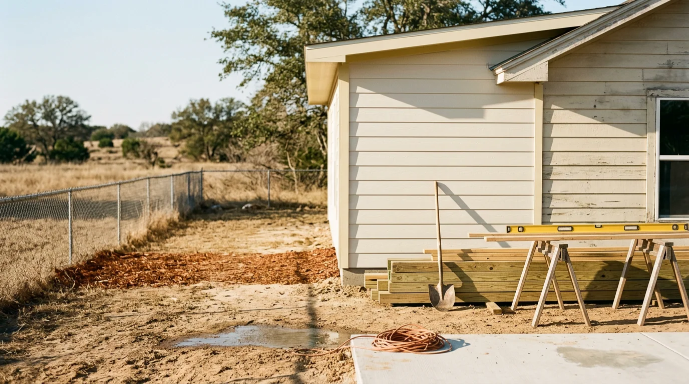 A newly completed single-story home addition in Central Texas with exterior siding and roofline matched to the original house structure. The addition extends the rear of the home and includes a finished exterior that blends with the existing construction.