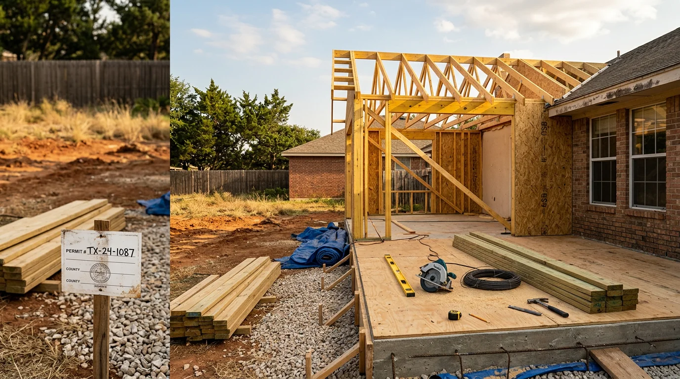 A newly completed room addition on a single-story Central Texas home, showing a framed and finished exterior that matches the existing roofline and siding. The addition extends the rear of the house with a clean transition between old and new construction.