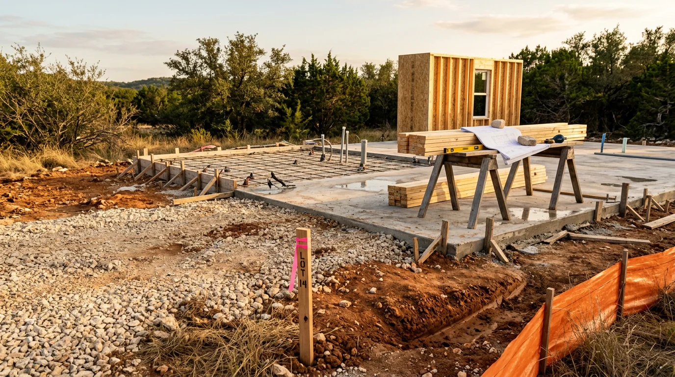 A newly completed single-story home built on a residential lot in Central Texas, with a concrete slab foundation, brick exterior, and open front yard under a clear Texas sky. The home reflects a standard new construction build typical of the Central Texas region.