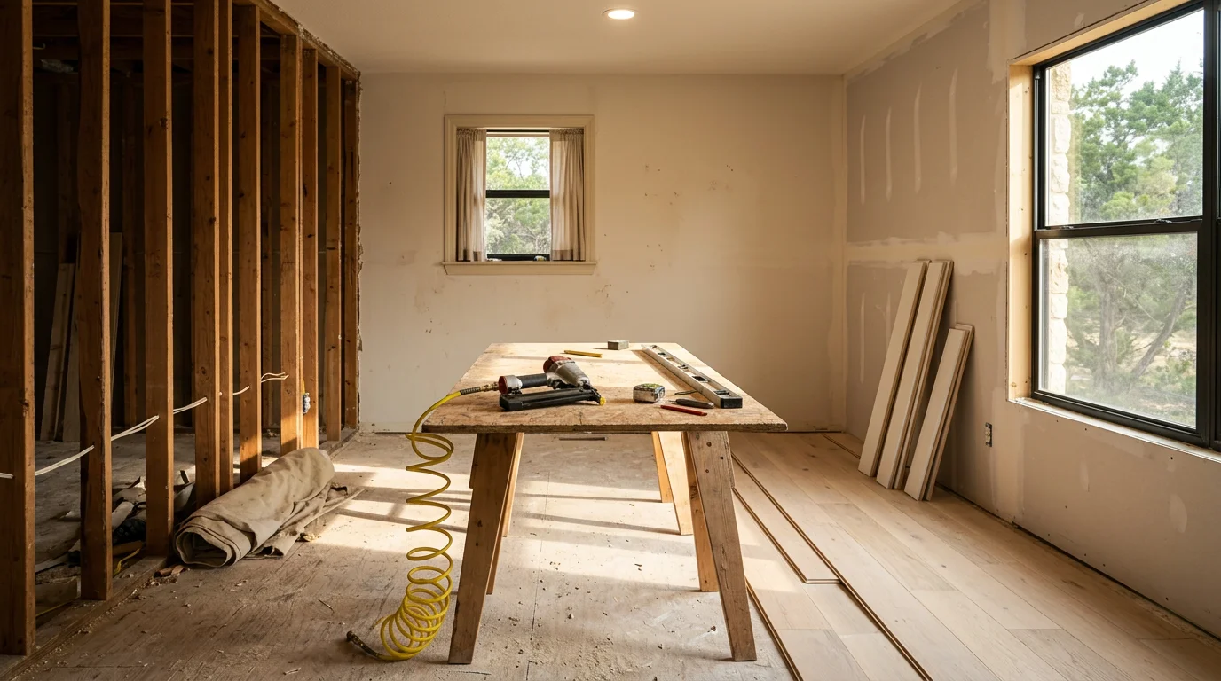 Renovated open-concept living and kitchen area inside a Central Texas home, showing updated flooring, modern cabinetry, and fresh interior finishes. The space reflects a mid-range whole-home renovation typical of residential remodeling projects in the Austin and Round Rock area.