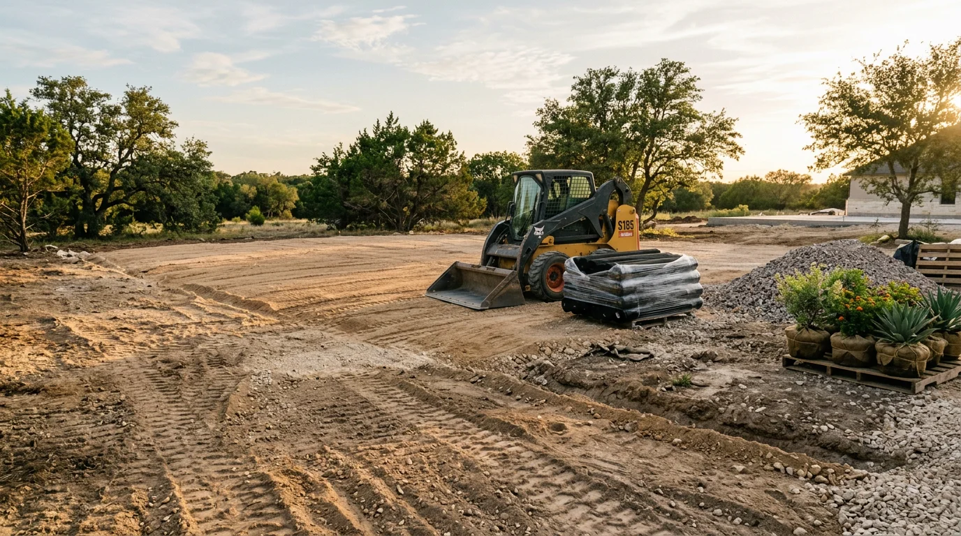 A freshly graded and landscaped residential yard in Central Texas showing cleared ground, shaped soil beds, and prepared planting areas. The site reflects the clay-heavy terrain common across the region, with drainage slope visible along the yard perimeter.