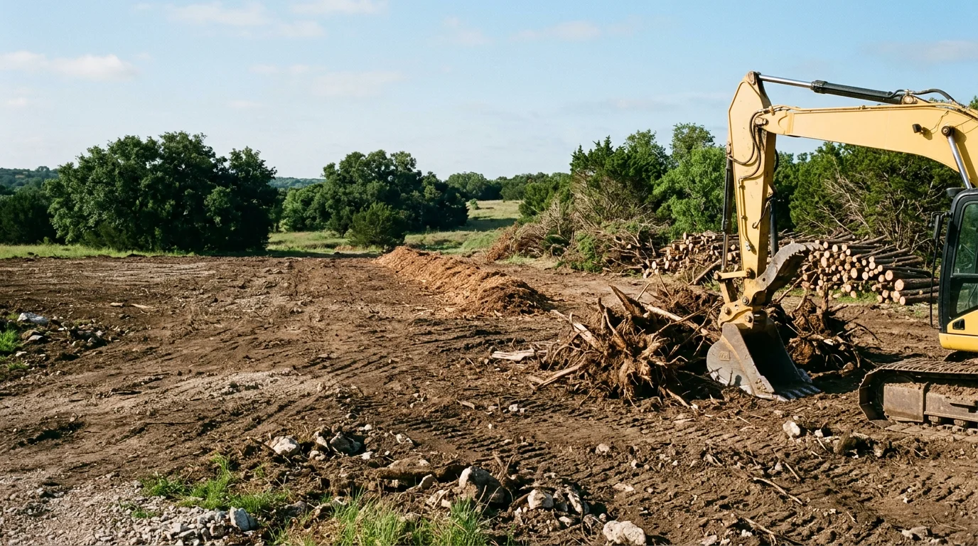 A freshly cleared residential lot in Central Texas with trees, brush, and stumps removed, leaving open ground ready for construction. Excavation equipment is visible at the edge of the cleared area.