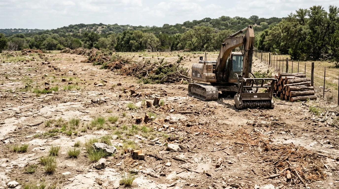 A Central Texas pasture after professional clearing, with cedar and brush removed and open ground visible across the property. Excavating equipment is staged at the edge of the cleared land against a backdrop of typical Hill Country terrain.