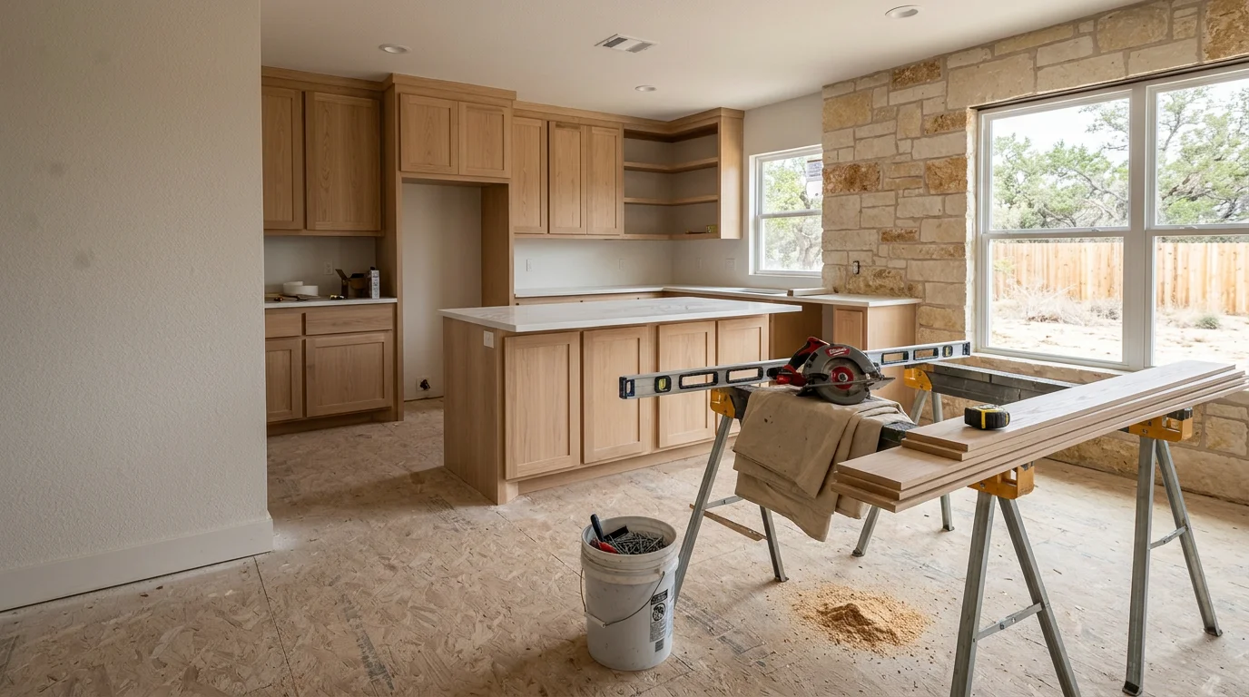 Interior of a remodeled Central Texas home showing an open-plan kitchen and living area with updated finishes. The space reflects a layout conversion common in residential remodeling projects across the region.