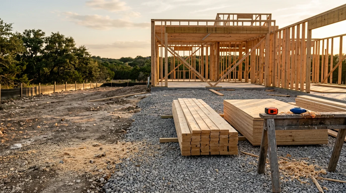 A newly constructed single-family home with a covered front porch on a residential lot in Central Texas. The home shows completed exterior framing, roofing, and siding suited to the local climate.