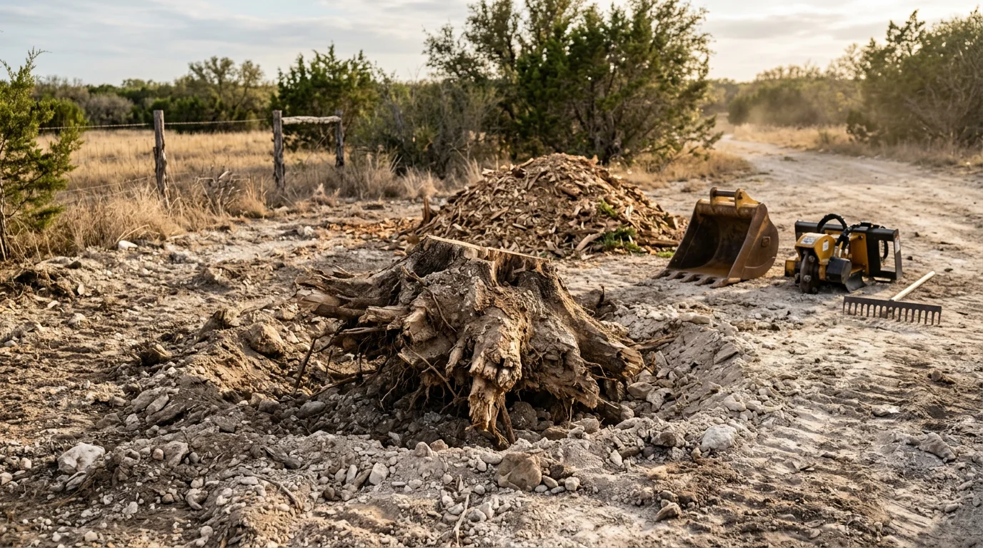 A cleared Central Texas yard after full stump and root removal, showing bare soil where a large live oak stump once stood. Excavating equipment is visible in the background on a residential property.